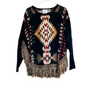 Cotton & Rye Outfitters Southwestern Fringe Poncho Sweater Size M Black NWT